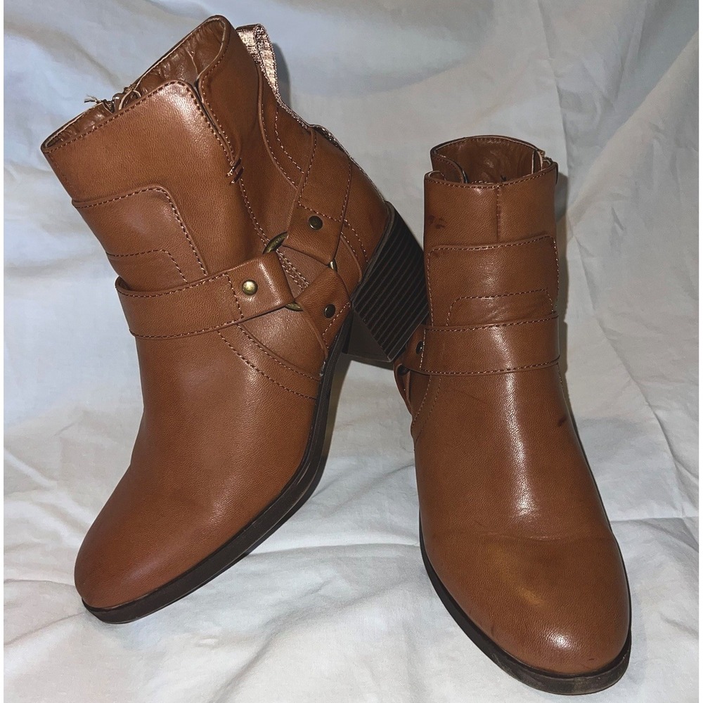 Rocket Dog Women Lex Biker Boots Size 8 Cognac Leather Effect Chunky Heel Khaki
